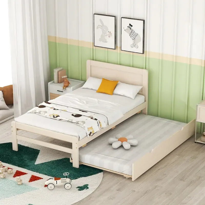 Modern Wood Platform Bed Frame with Pull-Out Trundle Bed