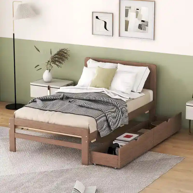 Modern Wood Platform Bed Frame with Pull-Out Trundle Bed