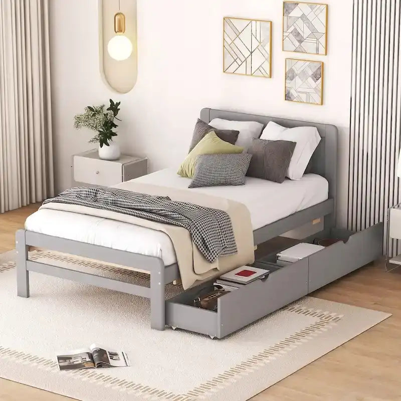 Modern Wood Platform Bed Frame with Pull-Out Trundle Bed