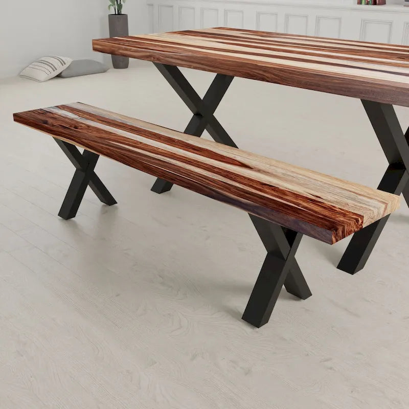 Solid Wood Slab Bench with Black Powder-Coated X Legs, 70 Inch