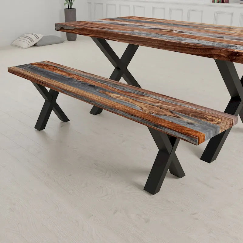 Solid Wood Slab Bench with Black Powder-Coated X Legs, 70 Inch