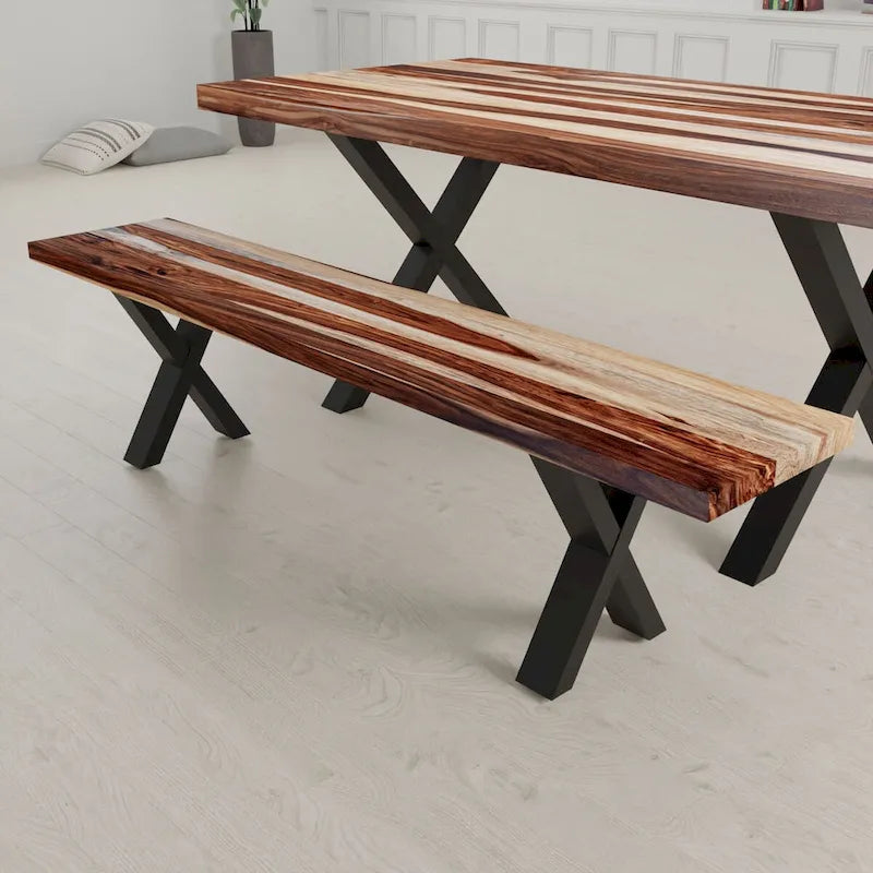 Solid Wood Slab Bench with Black Powder-Coated X Legs, 70 Inch