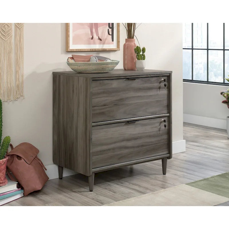 Lateral File Cabinet with Two Locking Drawers in Walnut Wood Finish