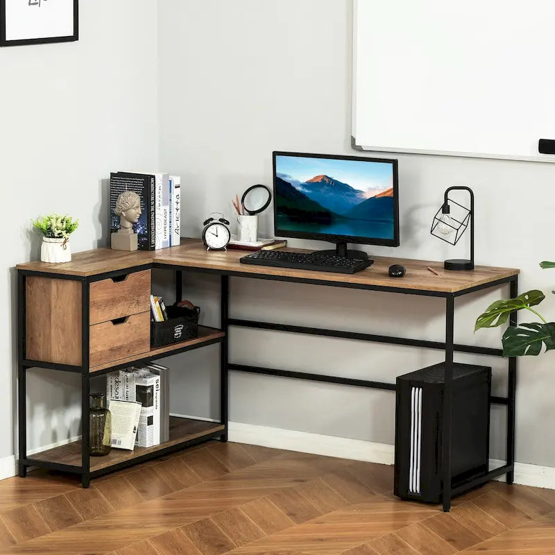 Industrial L-Shaped Corner Desk with Storage Shelves and 2 Drawers