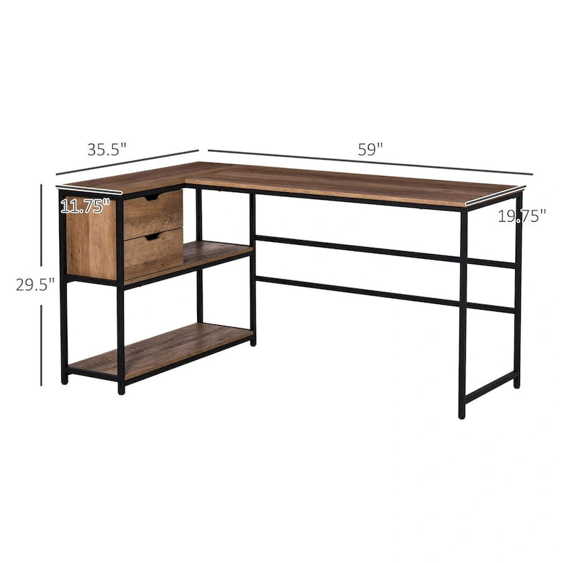 Industrial L-Shaped Corner Desk with Storage Shelves and 2 Drawers
