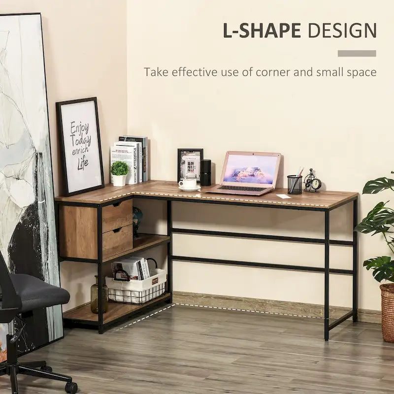 Industrial L-Shaped Corner Desk with Storage Shelves and 2 Drawers