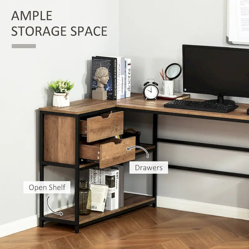 Industrial L-Shaped Corner Desk with Storage Shelves and 2 Drawers