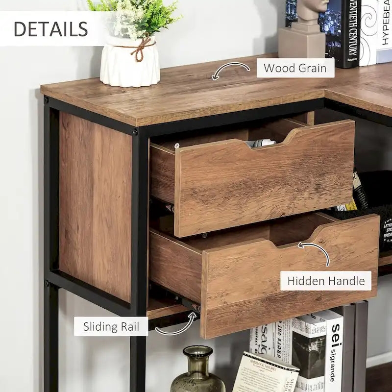 Industrial L-Shaped Corner Desk with Storage Shelves and 2 Drawers